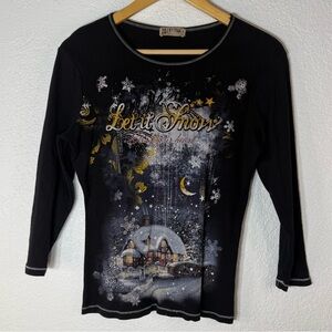 Vintage Blue Canyon Clothing Let It Snow Black 3/5 Sleeve Knit Top Large 90’s